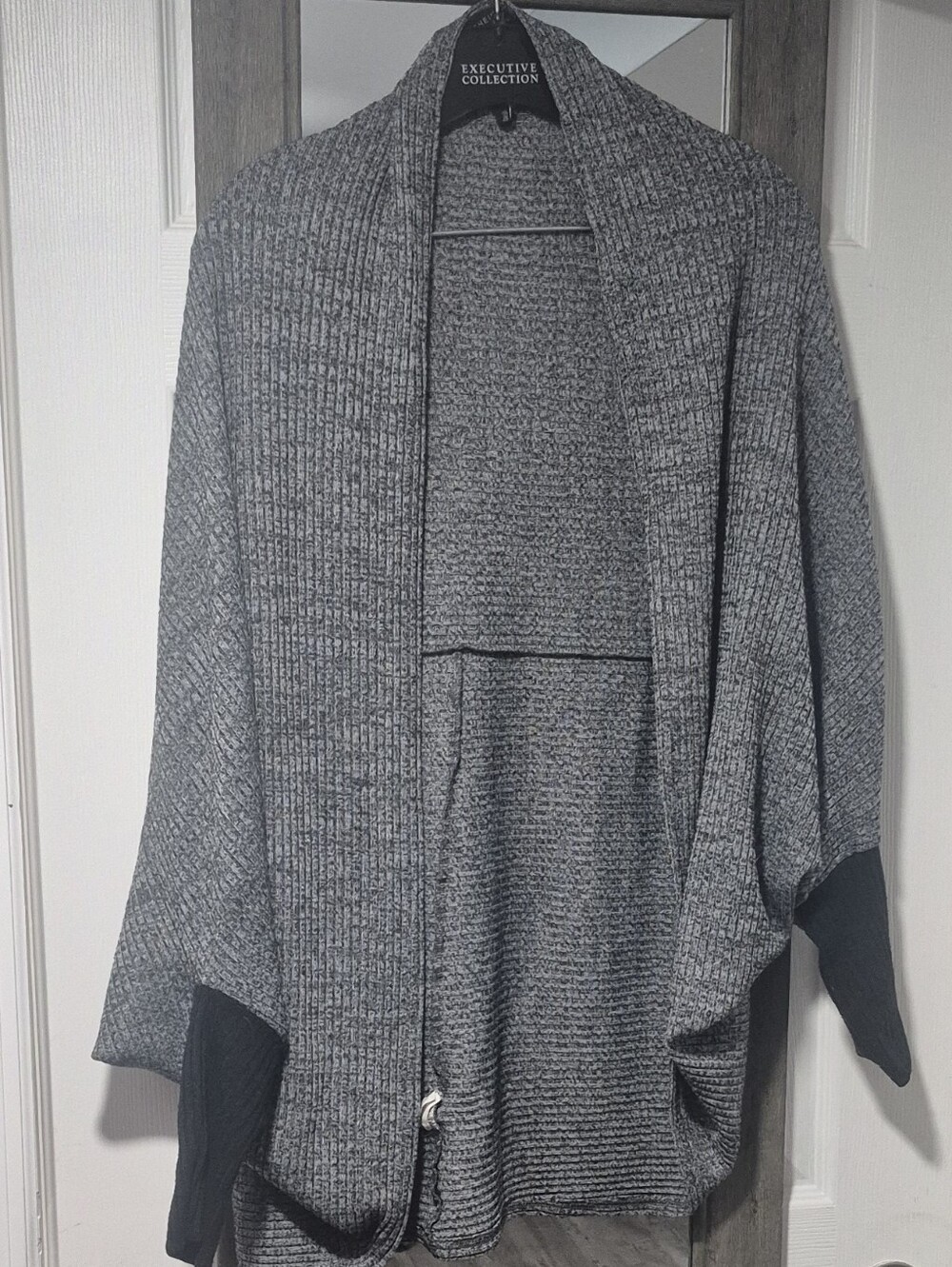 SHEIN Gray Open-Front Ribbed Knit Cardigan with Contrast Cuffs